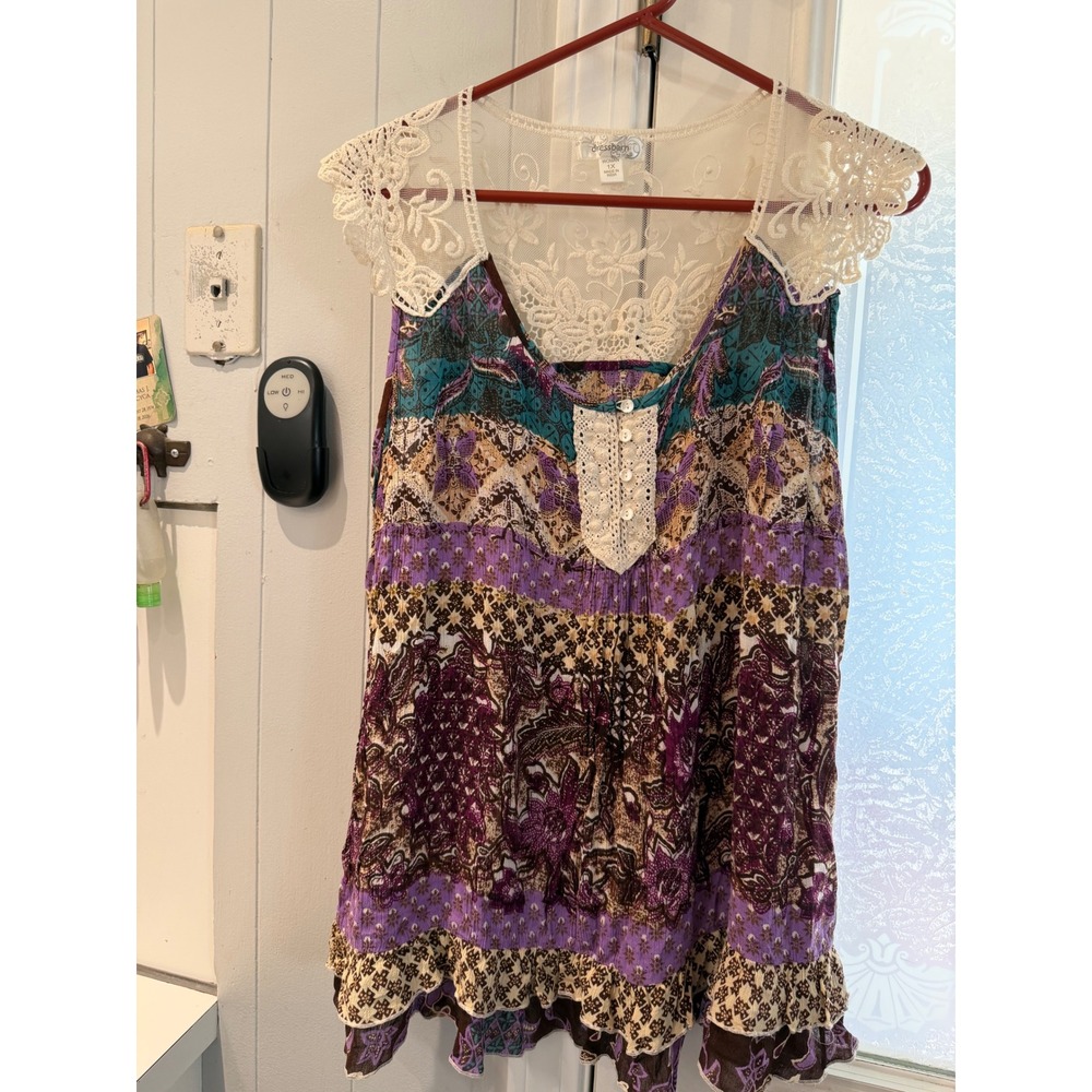 Dressbarn Womens 1X Purple Paisley Boho Lace Yoke Sleeveless Blouse Top